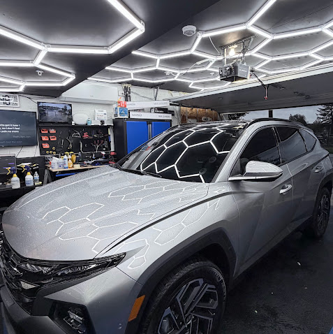 Silver SUV under MAIGA's signature hexagon lighting in the Garfield tint bay