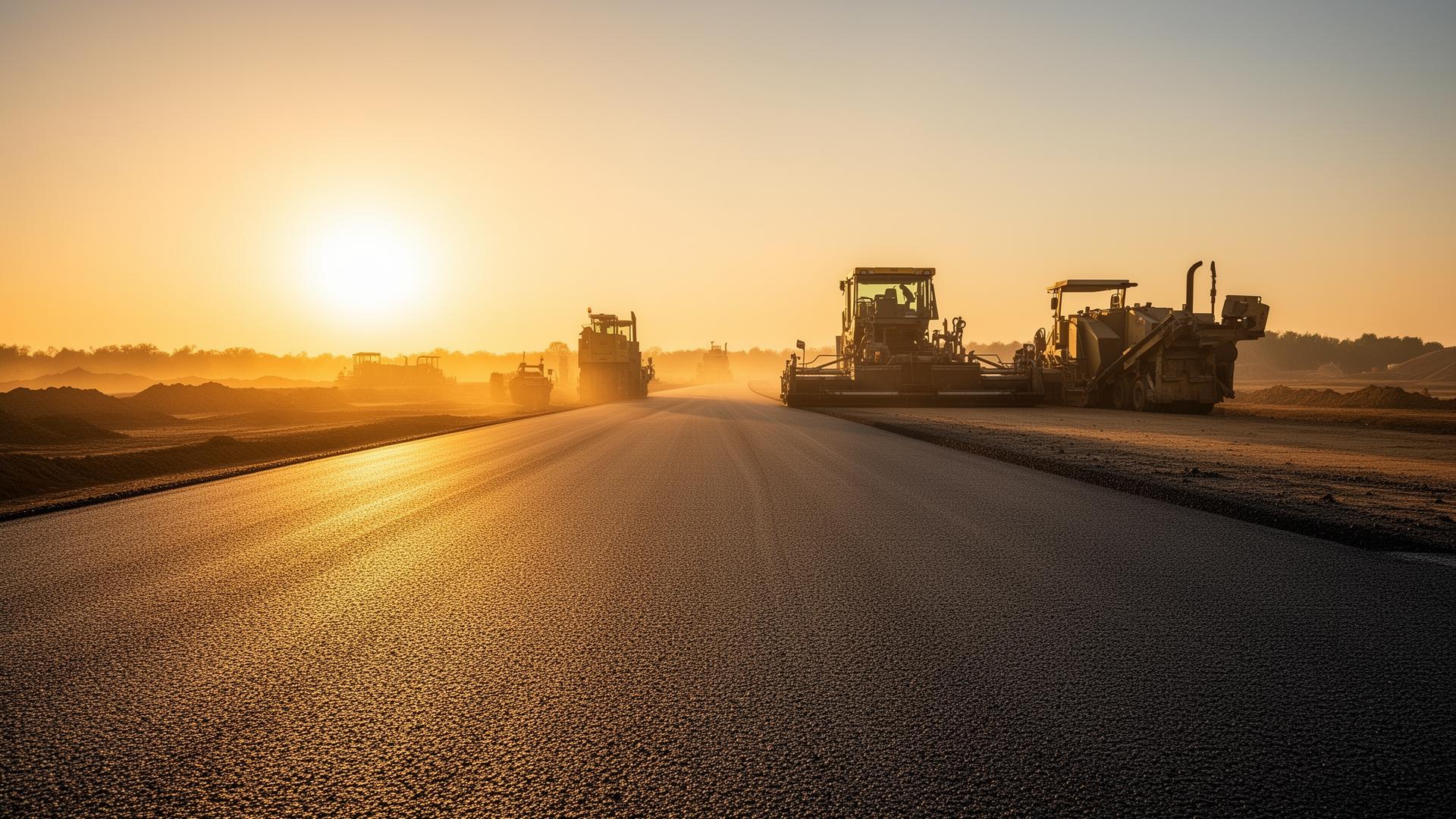 Freshly paved asphalt road at golden hour with paving equipment in the distance